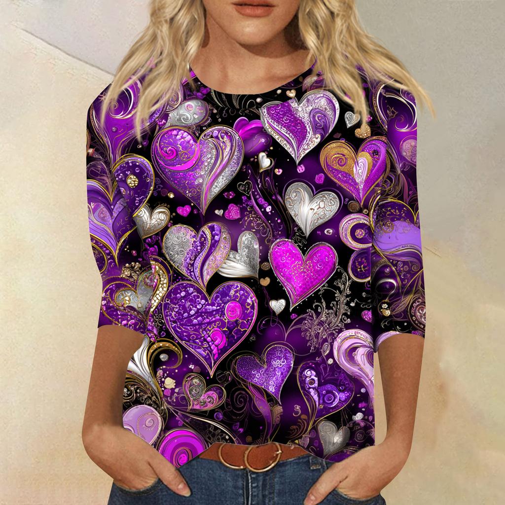 Women's Tops Three-quarter Sleeve Shirt V-neck Loose Casual Shirt Print T-shirt