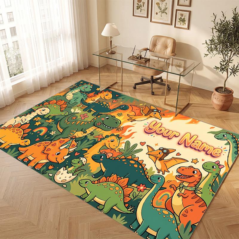 Dinosaur Theme Soft Crystal Velvet Rug Custom Name & Text Print Non Slip Floor Rug for Bedroom Living Room