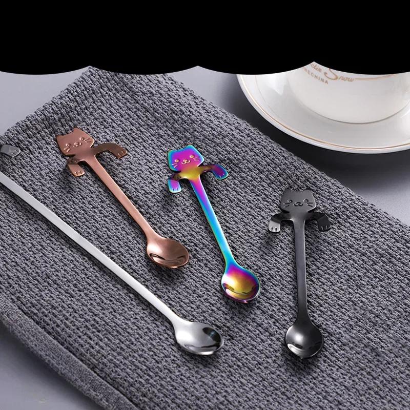 Mini Cute Coffee Spoon 304 Stainless Steel Cartoon Cat Spoon Teaspoon Dessert Snack Scoop Milk Children Spoons Tableware