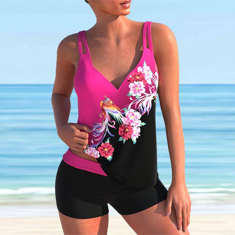 

Женские купальники танкини, купальник из 2 предметов, розово-красный изогнутый цветочный принт, купальные костюмы для отдыха M ярко-розовый