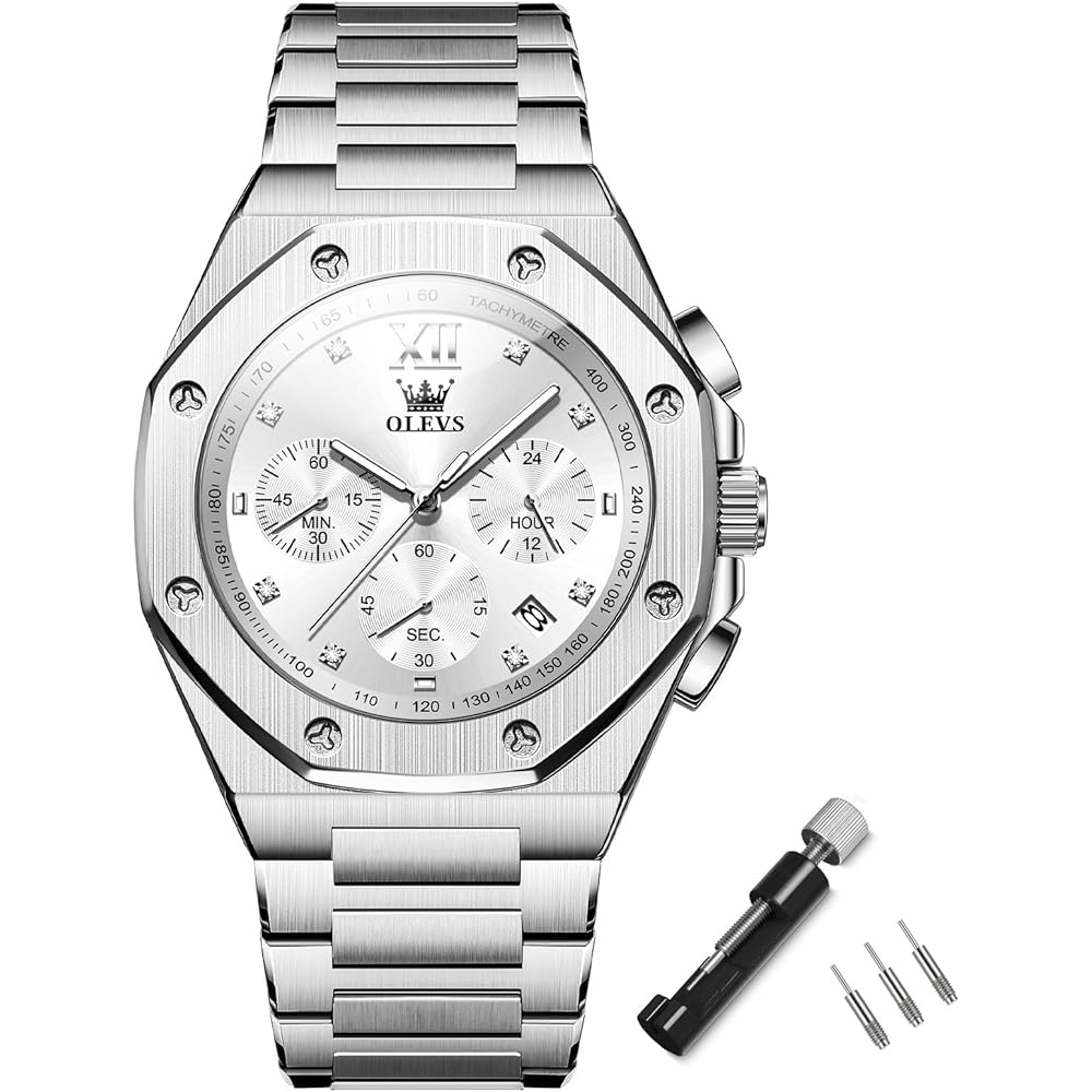 Olevs Octagonal Men s Watch Silver Waterproof Analog Quartz Stainless Steel Dress Watch with Large Dial