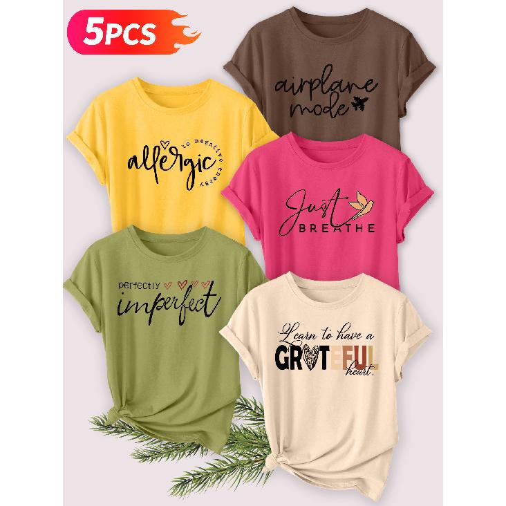 Five-piece set Elegant short-sleeved shirt for women Healing English short-sleeve women's t-shirt with heart leopard print letter combination, round