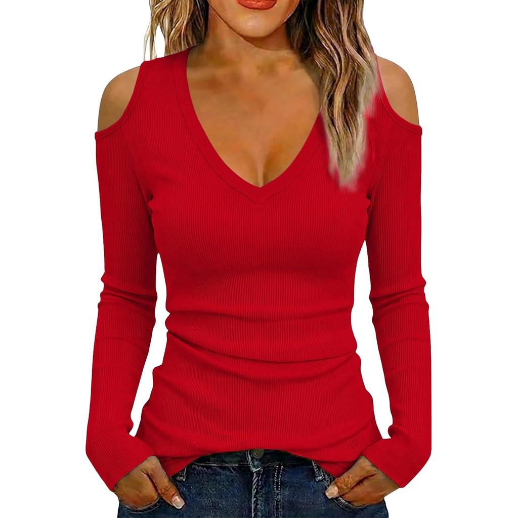 Women's Casual Off-Shoulder Fitted Long Sleeve T-Shirt Top for Daily Wear