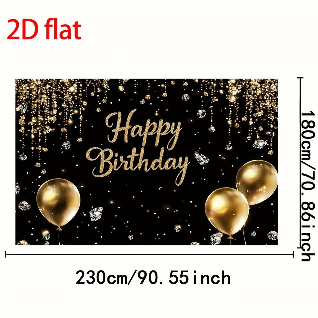 2D Flat 1 Luxurious Black Gold Happy Birthday Banner -2D Flat Polyester Fiber Photography Background