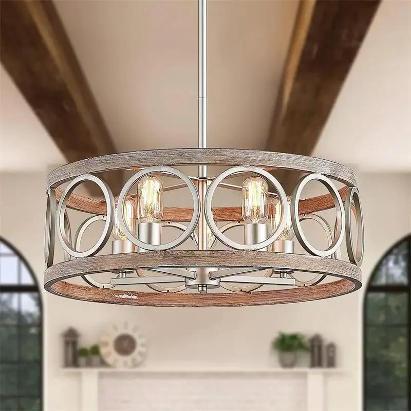 Industrial Retro Circular Pendant Chandelier Lighting Farmhouse Iron Art Wood Grain For Restaurant Home Bedroom Ceiling Light