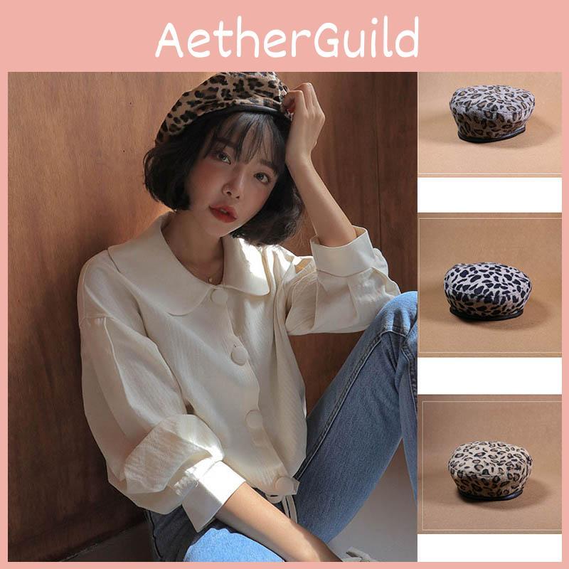 Damen Vintage Leopardenmuster Wolle Weich Winter Warm Baskenmütze Klassische Beanie Mütze