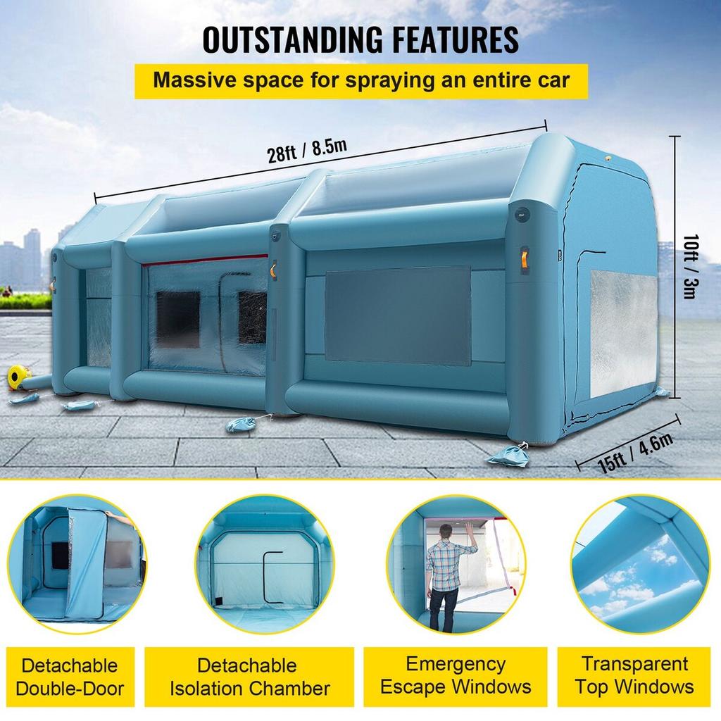 Inflatable Spray Booth Car Paint Tent 8.5 x 4.6 x 3 m Filter System 2 Blowers