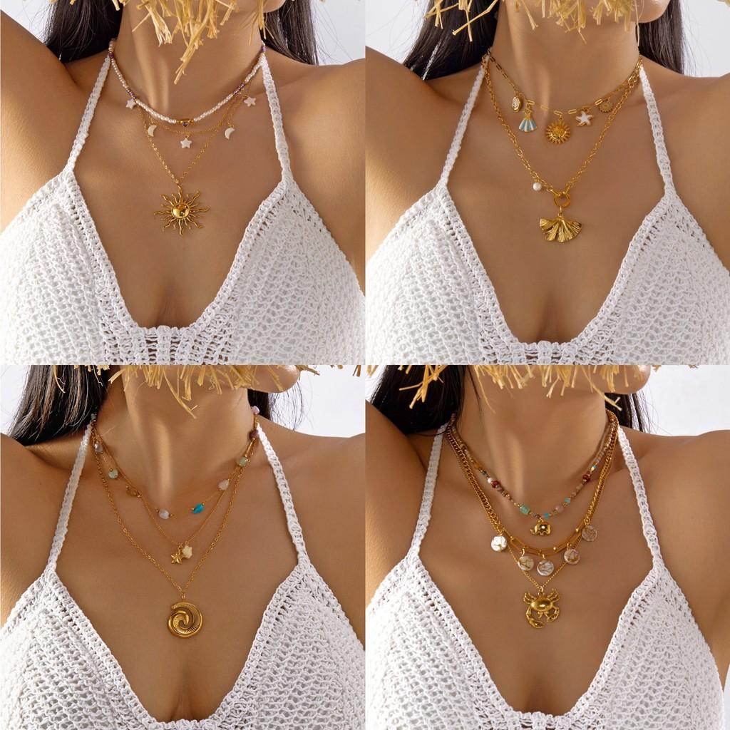Summer Boho Resort Style Double Chain Necklace With Shell And Moon Decorations For Women