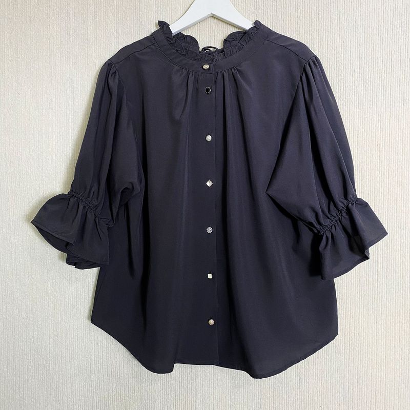 Export Export Tail Single Chiffon Wooden Ear Collar Lotus Leaf Three-Quarter Sleeve Shirt Women's Summer Stylish Temperament Commute Small