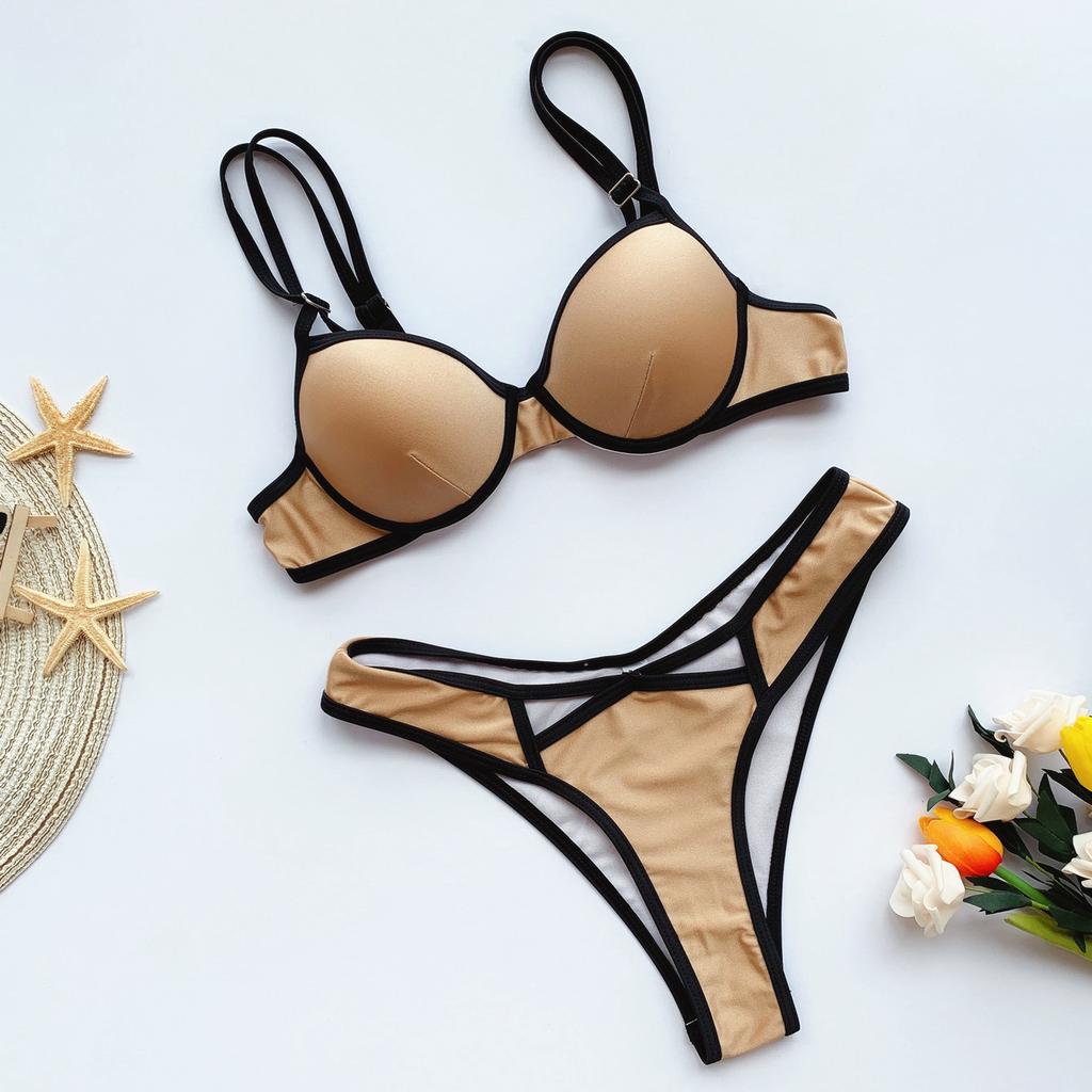 Damen gepolsterter BH Bikini Zweiteiler G-String Tanga Badebekleidung Badeanzug