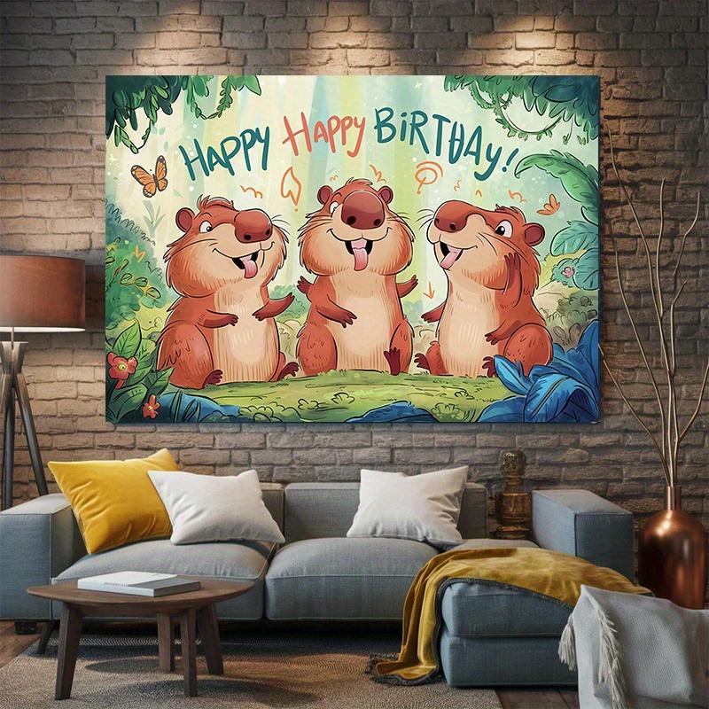 1 Logo de fiesta de cumpleaños de Capibara - Fondo de poliéster vibrante con las palabras "Feliz Cumpleaños", decoración de fiesta de cumpleaños