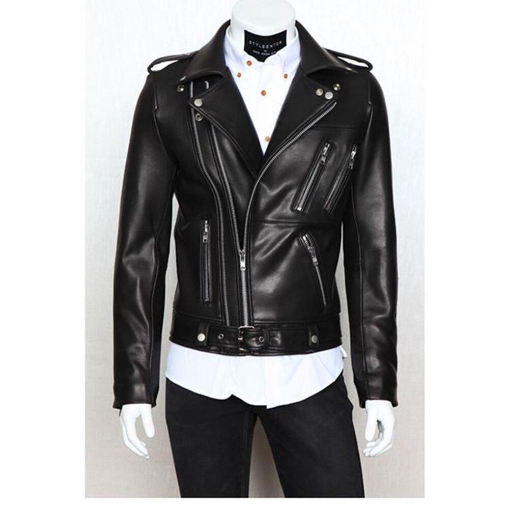 2026spring And Autumn High -Quality Men  S Solid Motorcycle Multi -Zipper Lapel Epaulet Zipper Pocket Slim Men  S Leather Jacket M чёрный