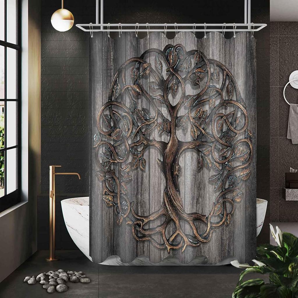 Tree of Life Nordic Viking Country Tree Shower Curtain Vintage with 12 Hooks Washable Bathroom Decorative Shower Curtain