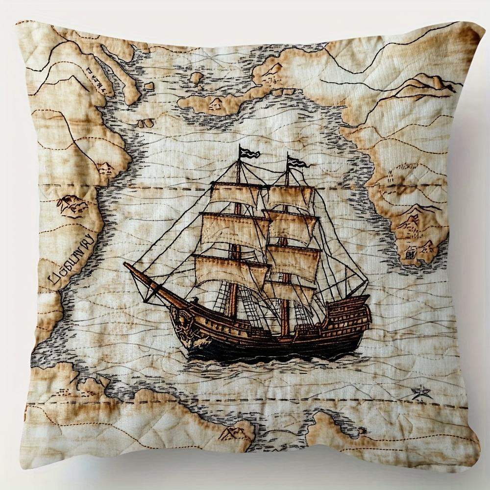 1pc Pillowcase, 2D Flat Printing, Pirate Ship Map Decorative Pillow Cover, Vintage Sailing Ship and Ocean Map Design, Zipper Closure, Soft and Smooth