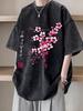 Mens Casual Washed Cotton TShirt Floral Sakura Cherry Print Streetwear Washable Clothing Artistic Design Printed Tee