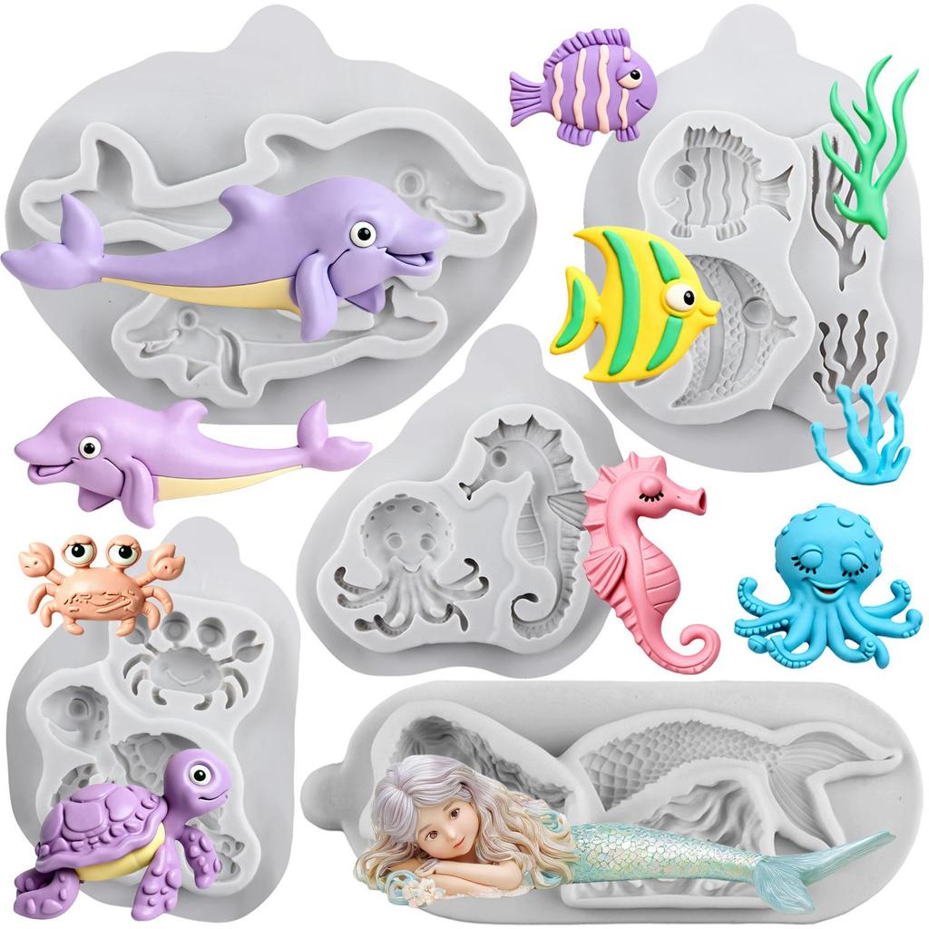 Mermaid Dolphin Silicone Mold Fish Turtle Crab Octopus Seahorse Molds Cake Decorating Tools Cupcake Topper Candy Resin Clay Chocolate Gumpaste Mold