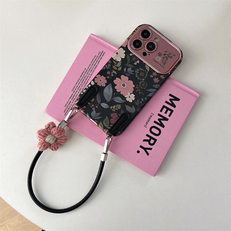Fashion Retro Chrysanthemum Phone Case For iPhone 13 15 14 16 17 Pro Max Wrist Strap Cover Shockproof Funda