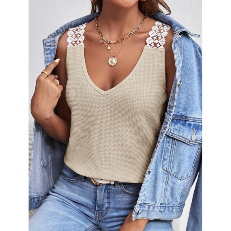 Womens Waffle Knit V Neck Tank Top With Lace Trim Sleeveless Casual Solid Color Camisole