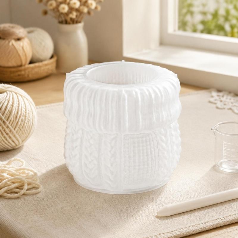 Silicone Planter Casting Mold with Alternating Cable-Knit Panels and a Round Open-Top Form for Resin, Cement, Concrete, and Home Accent Projects