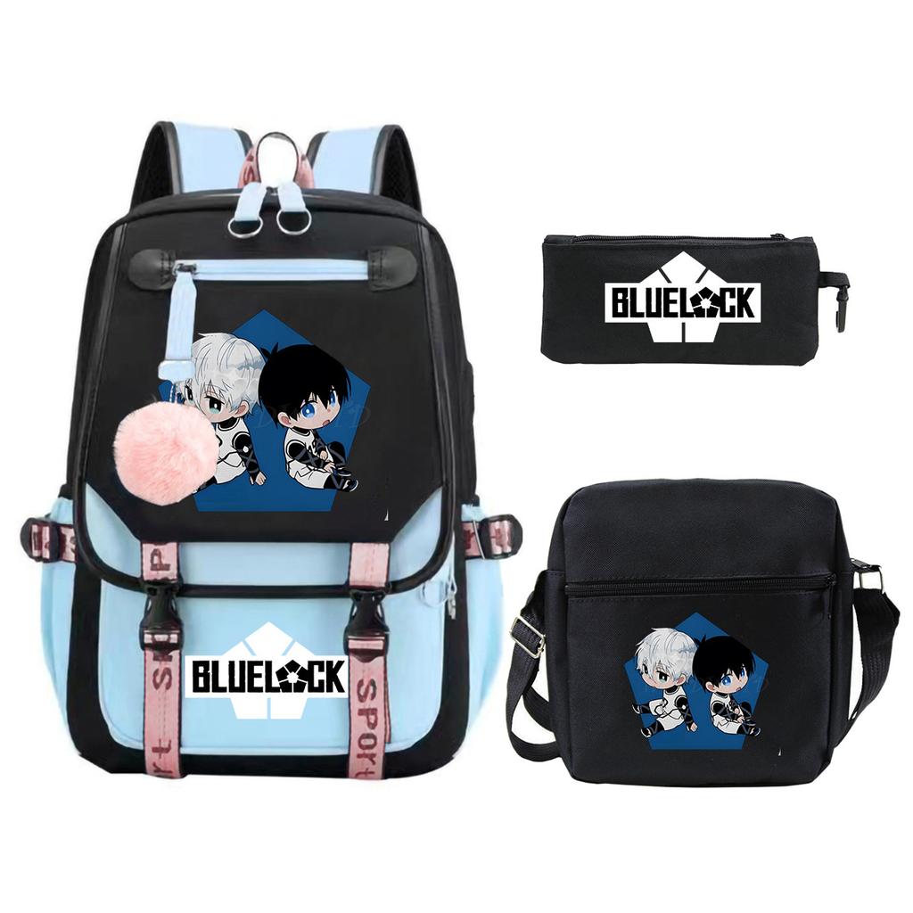 Blue Prison Student School Bag Large Capacity Children'S Shoulder Bag Casual Pencil Bag Set