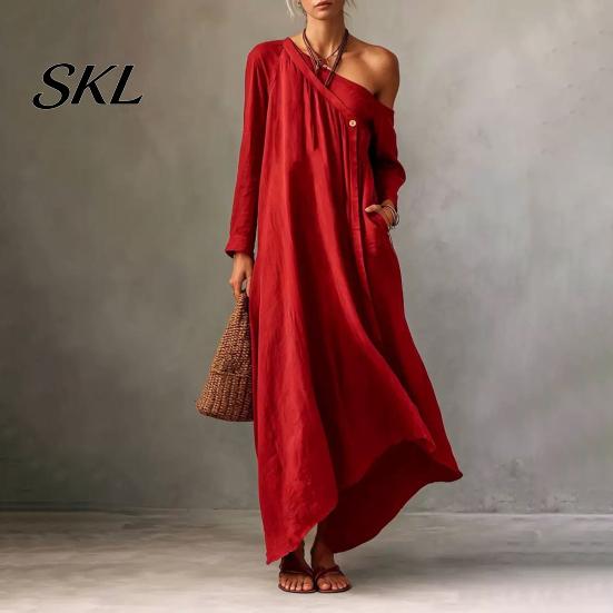 Polyester Dress Women Summer Maxi for Women, Casual Loose One Shoulder Long Sleeve Dress, Flowy Beach Vacation Sundress wwith Pockets Elegant