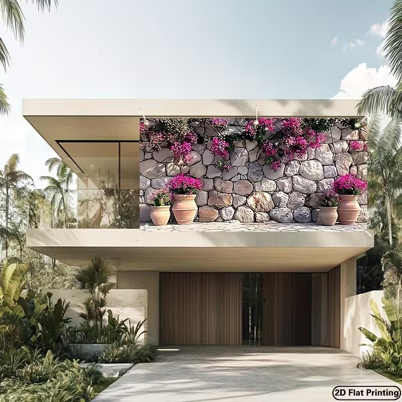 Arazzo Muro di Pietra Mediterraneo, Tessuto di Sfondo con Fiori di Bougainvillea Rosa, Decorazione per la Stanza