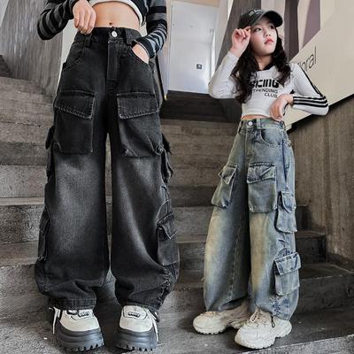 Trendy ve Havalı Sokak Kız Çocuk Pantolonları, Çocuk Sokak Dansı Denim İş Pantolonları, Performans Kıyafetleri, Büyük Çocuklar için Yeni Kot Pantolonlar