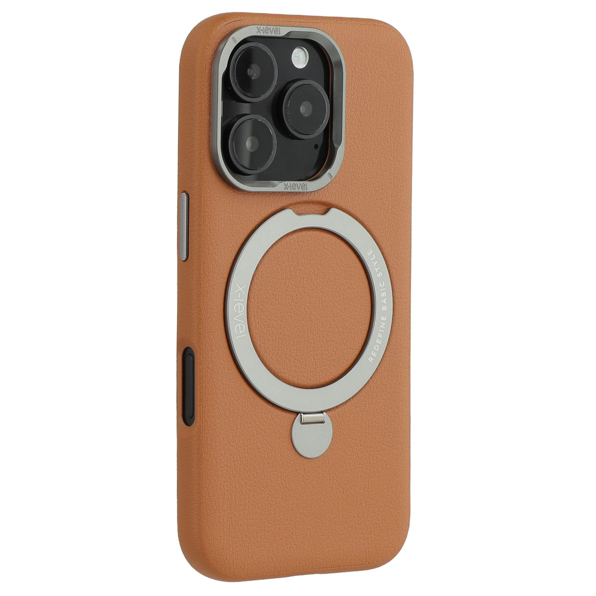 

X-LEVEL For iPhone 16 Pro Magnetic Case Kickstand PC+PU Phone Back Cover Brown