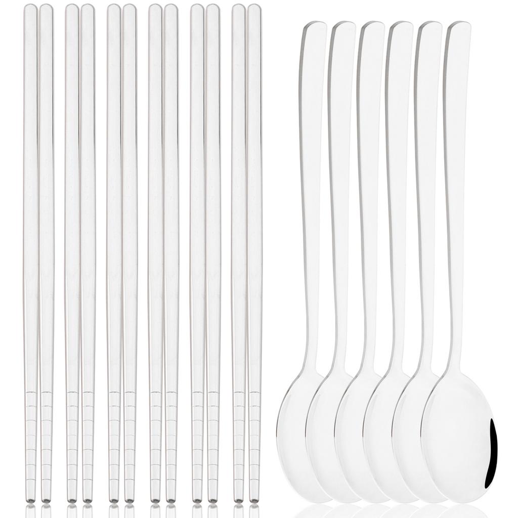 12pcs Colorful Dinnerware Set Korean Style Spoon Non-slip Chopsticks Cutlery Mirror Stainless Steel Flatware Kitchen Tableware