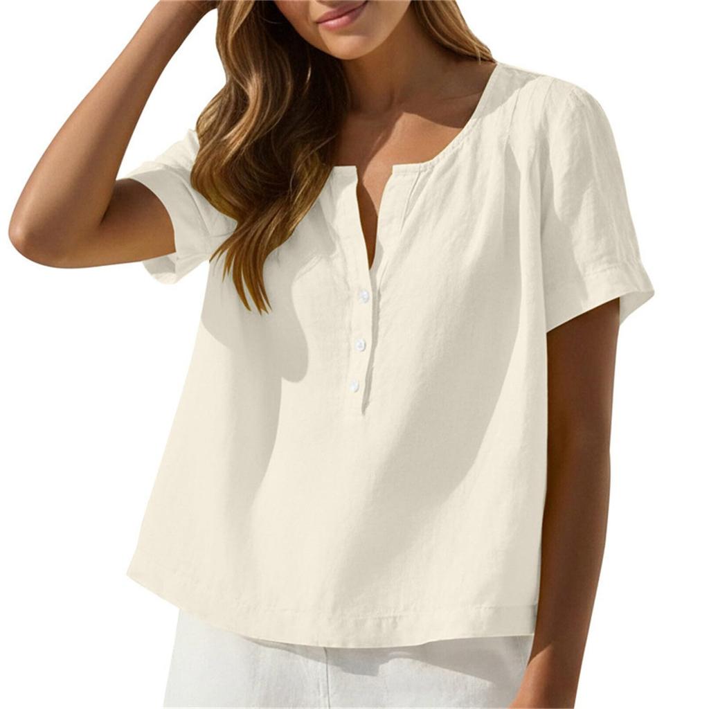 Women Loose Fit Casual Short Sleeve Button Down Shirt Cotton Linen Top with Relaxed Neckline for Everyday Wear