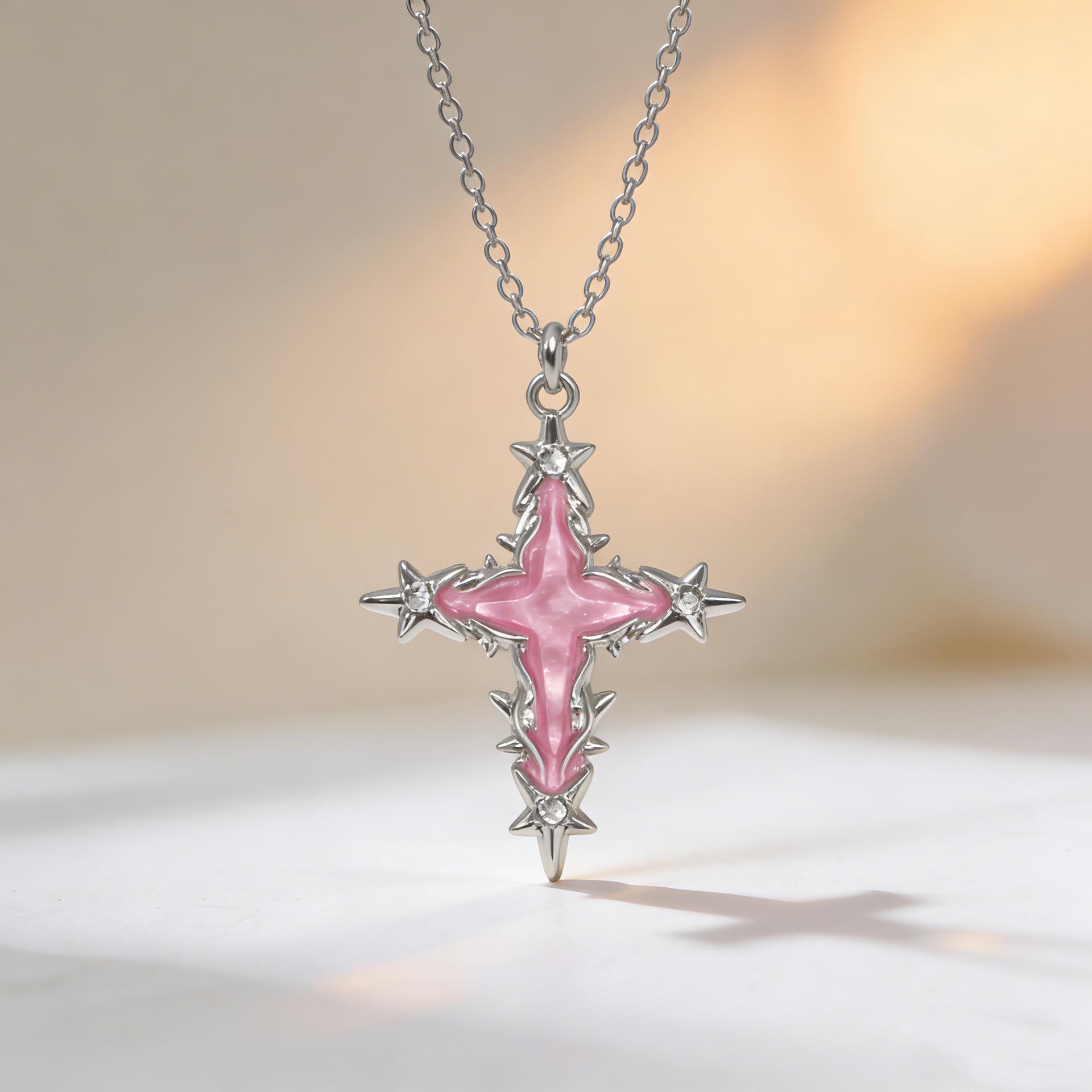 Women s Dark Style Cross Necklace with Purple Starburst Thorn Pendant розовый