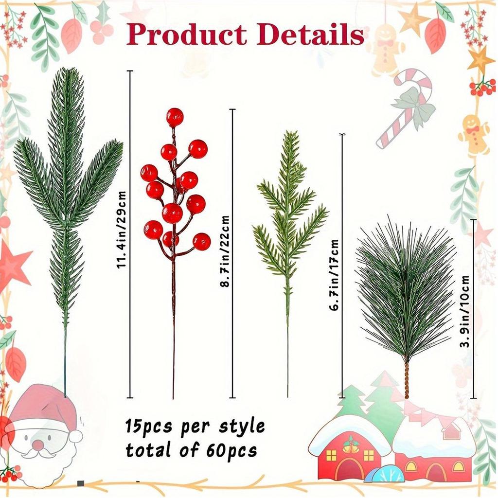 60pcs Christmas Artificial Pine Branches with Red Berries for DIY Crafts Wreaths Home Decor and Christmas Tree Ornaments