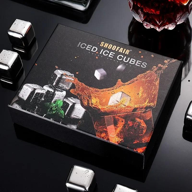 6Pcs Stainless Steel Ice Block Set with Ice Clamp Reusable Ice Stones Whiskey Wine Cooling Cube Bartenders Tools Accessories