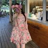Women's V-Neck Spaghetti Strap Floral Mini Dress High Waist Stretch Slim A-Line Short Sundress Elegant French Fairy Dress Summer Vacation Outfit