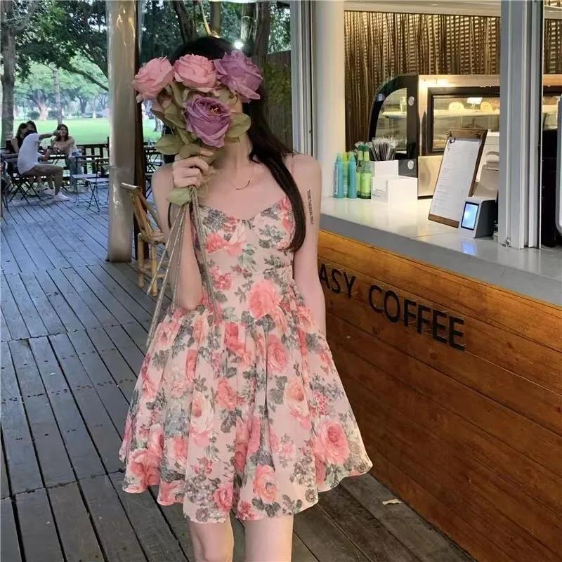 Women's V-Neck Spaghetti Strap Floral Mini Dress High Waist Stretch Slim A-Line Short Sundress Elegant French Fairy Dress Summer Vacation Outfit