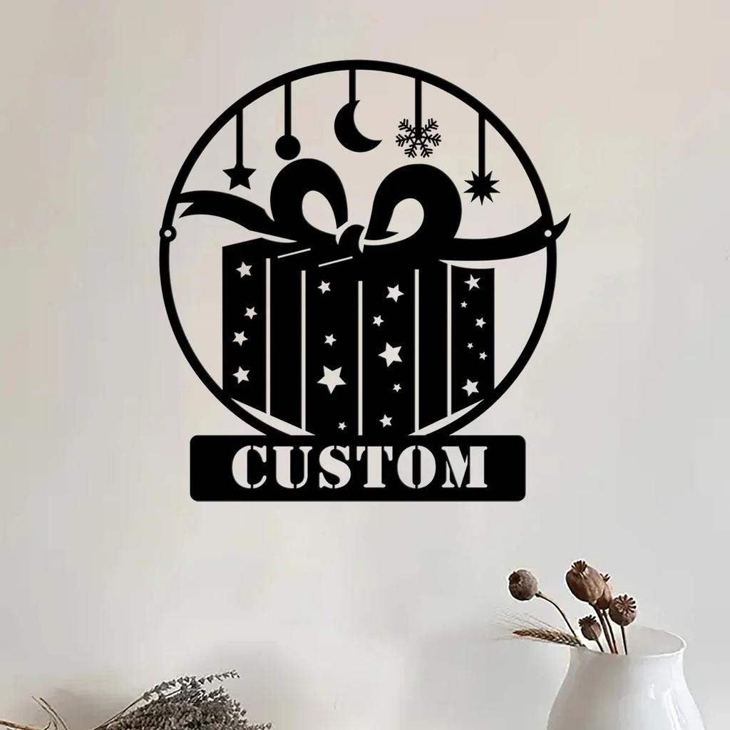 Merry Christmas Metal Wall Art, Personalized Family Name Sign for Home Decor, Xmas Gift Box