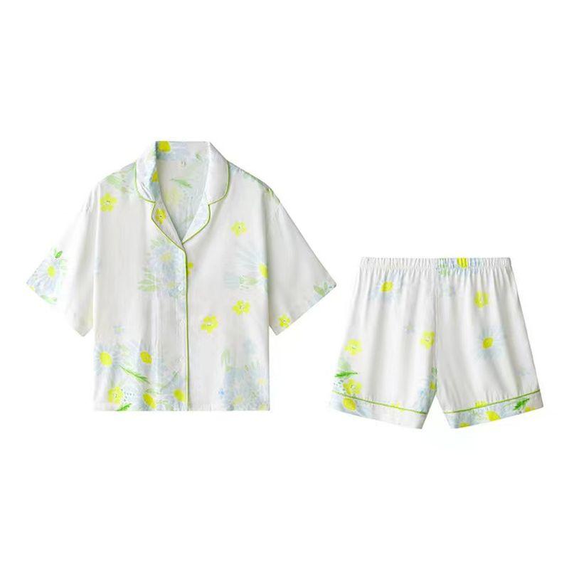 Fresh Sunflower Loose Rayon Satin Poplin Pajamas Women's Summer Cool Ice Silk Home Wear Suit Women