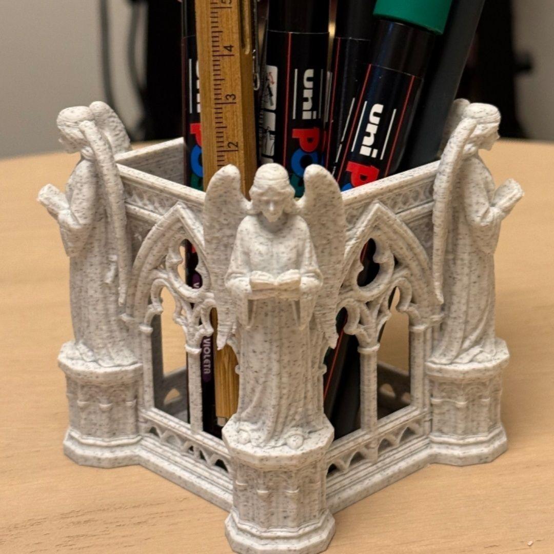 

Vintage Gothic Cathedral Arch Angel Figurine Pen Holder 3D Printed Desk Organizer Aesthetic Decor for Makeup Brushes& Stationery