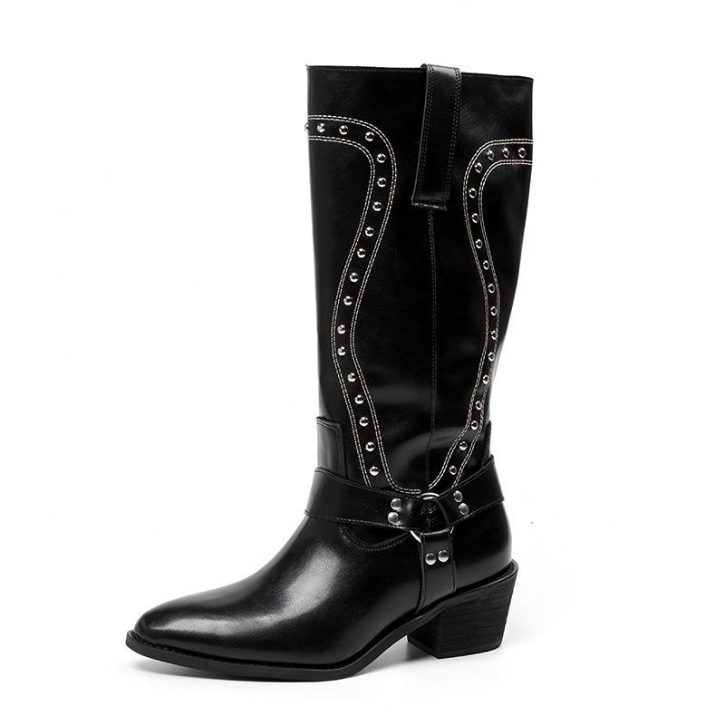 

Pointed head rivet autumn and winter versatile western cowboy boots women s thick heel is thin but knee European and American style long boots m 40