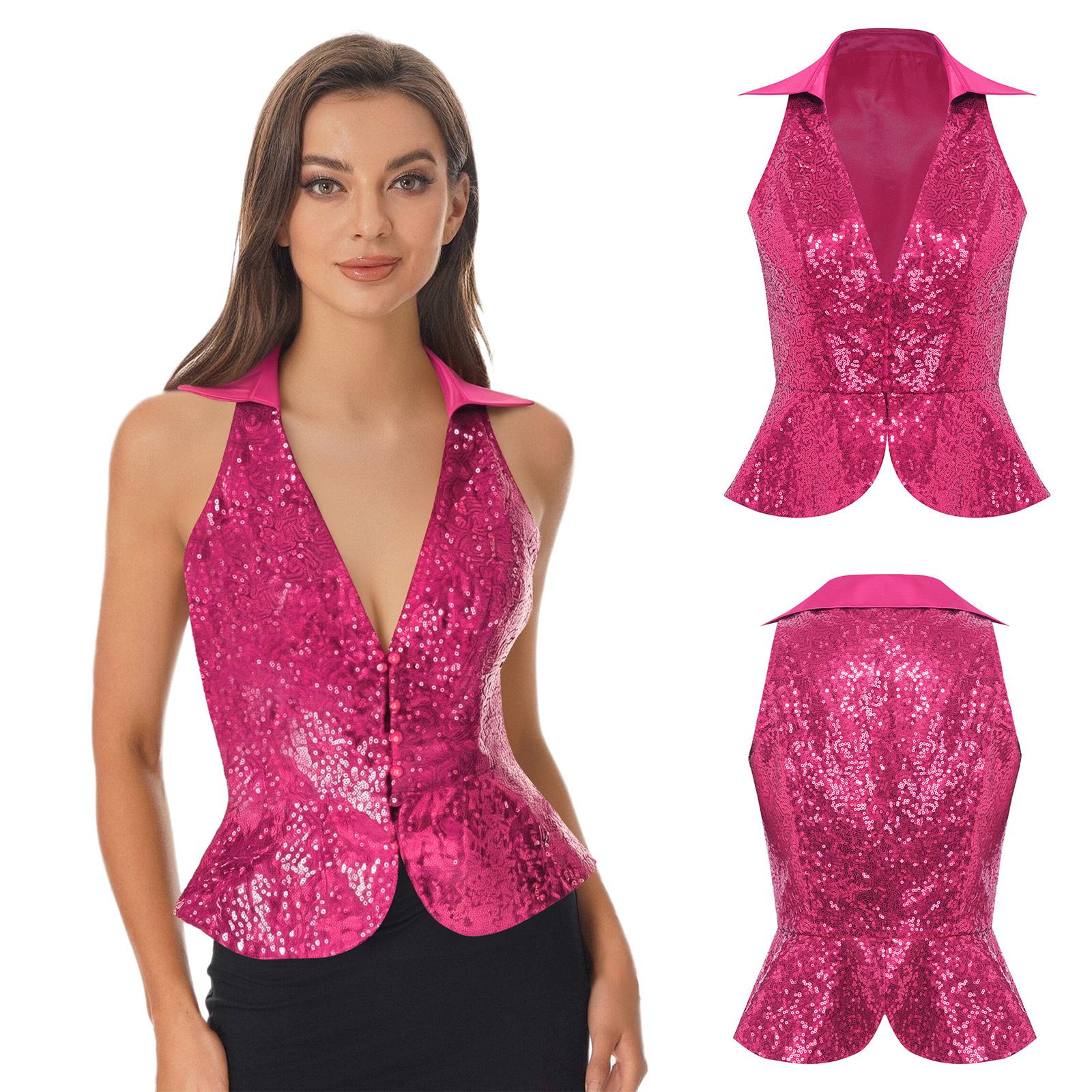 

S-3XL Women s Nightclub Top Sparkly Sequin Vest, Lapel Sleeveless Stylish Vest for Summer Party Banquet Evening Outfit S гарячі рожевого кольору