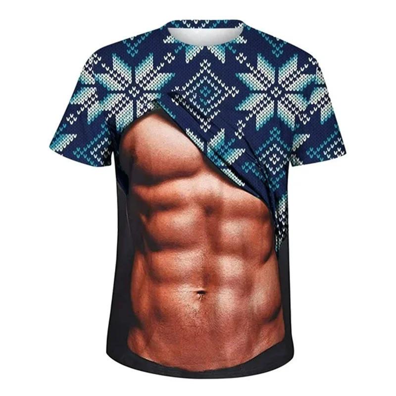Round neck short sleeved Christmas fake abs pattern T-shirt, ugly Christmas top, men's gift funny 3D printed men's ugly Christmas T-shirt,