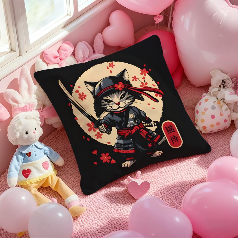 Japanese Style Samurai Cat Cushion Cover Pattern Printed Pillowcase for Living Room Sofa Cushion Cover & Bedroom Decor