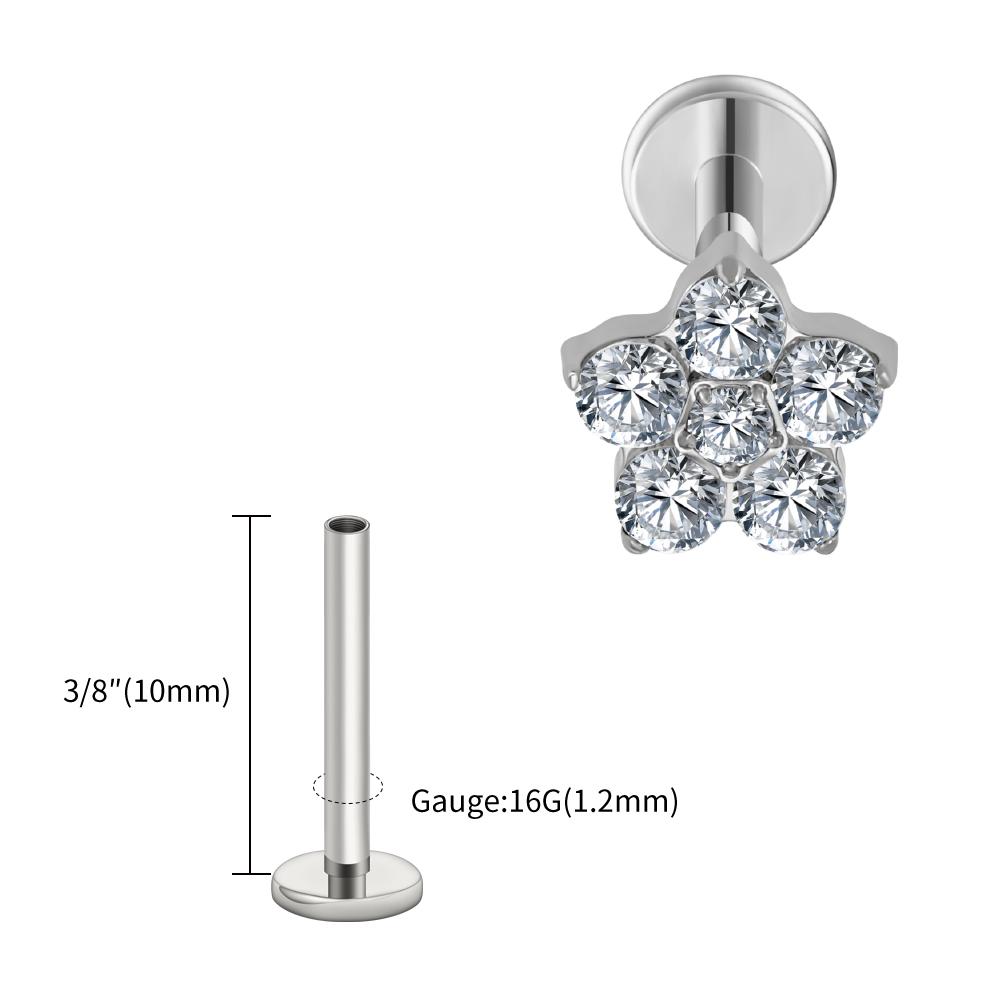 Right Grand ASTM F136 Titanium 5 CZ Flower Lip Labret Monroe Stud 16G Floral Cartilage Helix Earring Flat Back Piercing Jewelry
