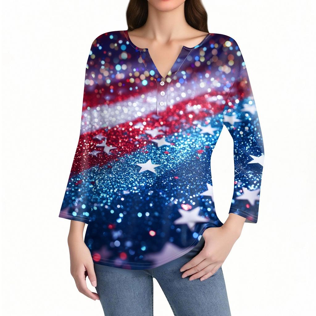 Women's T Shirt Print Button 3/4 Sleeve Daily Weekend Fashion Basic V- Neck Regular Top