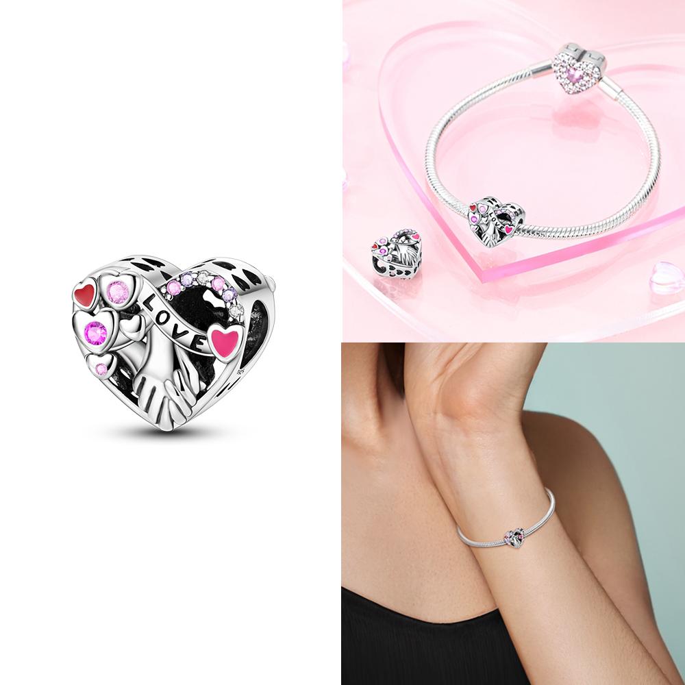 Rose Gold Pink Zircon Love Heart Beads Fit Bracelet Charms Copper Original Jewelry Women Diy Accessories