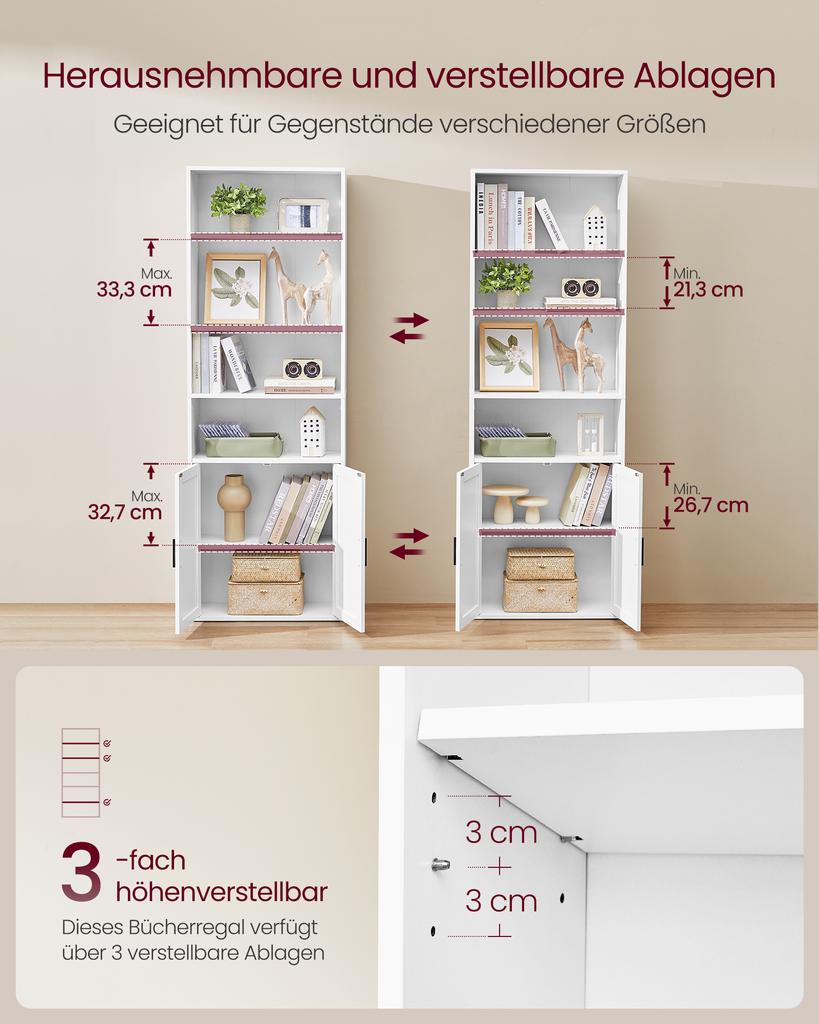 VASAGLE Bookcase, 6-Tier Tall Bookshelf, Book Shelf with Doors, Shelving Unit, 24 X 60 X 175 Cm, for Living Room, Home Office, Dinning Room