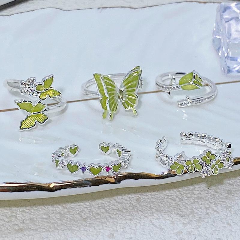 Grüner Emaille Öltropfen Schmetterling Blume Zir*****Stift Ring Klein Frisch Leichter Luxus Hoher Sinn Ring Frau