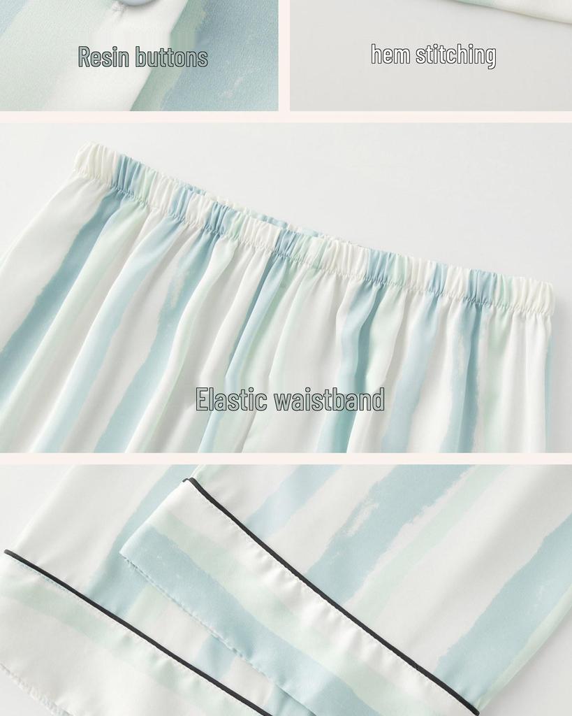 Ice Silk Cool Women’s Long Sleeve Pajama Set with Cute Stripes for Spring and Autumn