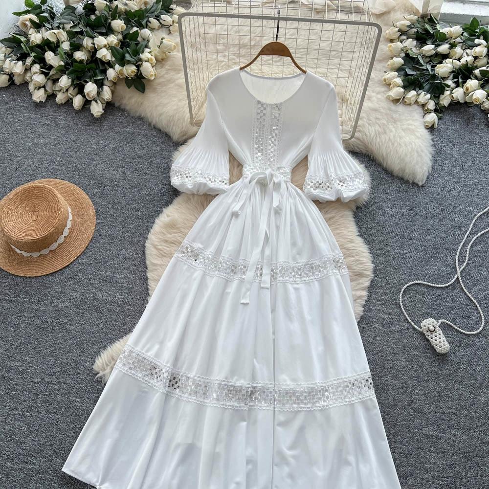 High-End Heavywork Lacing Paillette-Panel Waist-Banding Lantern Sleeve Maxi Dress for Women Autumn Charming Long Women Dress