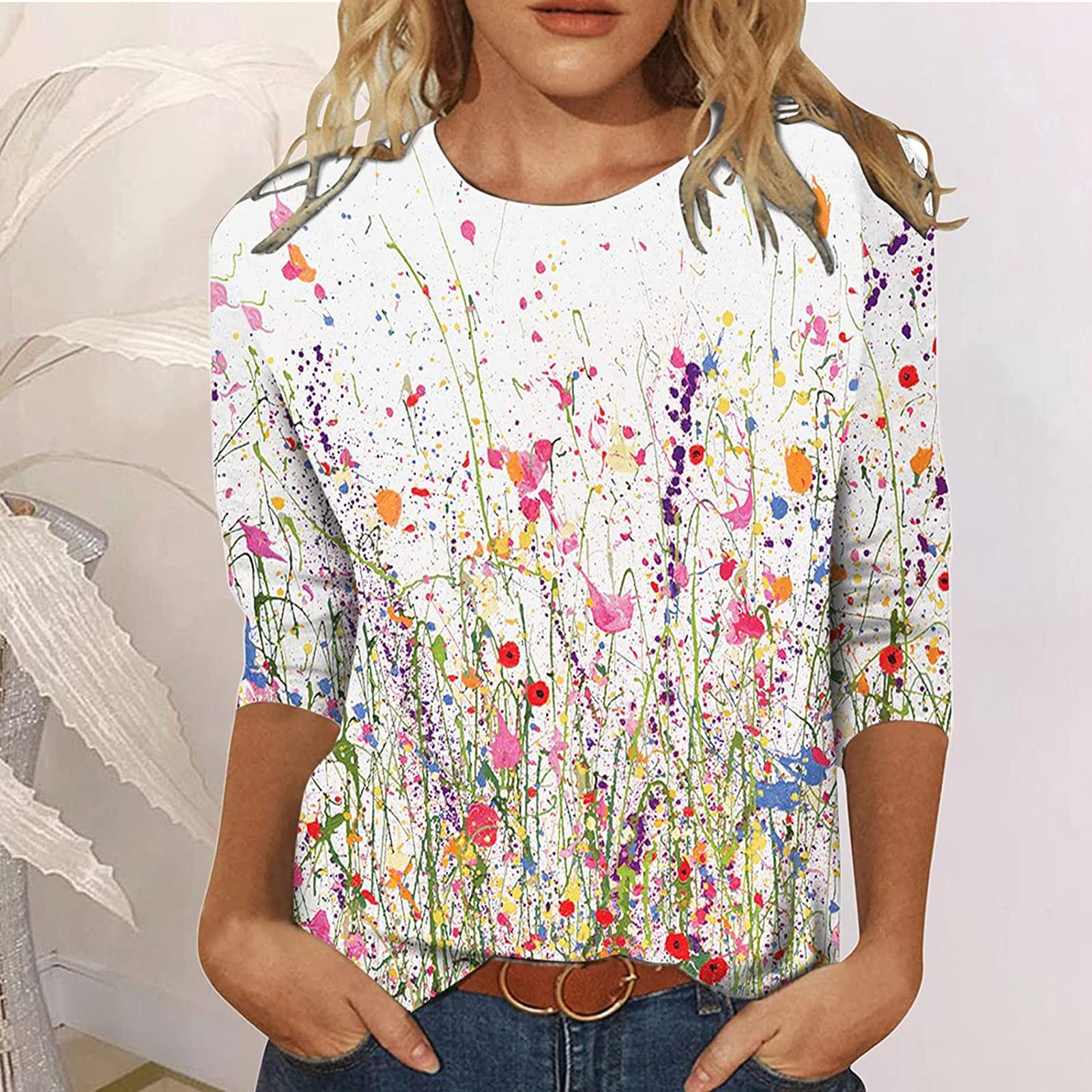 Women s Casual Fashion Round Neck Loose Printed Long-Sleeved T Shirt Tops S бежевый